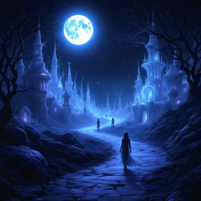 The primary subject of the image is a woman walking down a path in a dark, magical forest. The setting is a nighttime scene with a full moon illuminating the area. The visual style is a digital art or illustration, creating a surreal and enchanting atmosphere. The colors are predominantly dark, with the moon and the woman's dress being the main sources of light, giving the scene a mysterious and captivating mood.